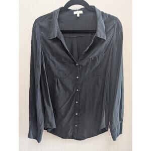 Joie Silk Blouse Large Roll Tab Sleeve Black Button Up Breast Pockets V Neck